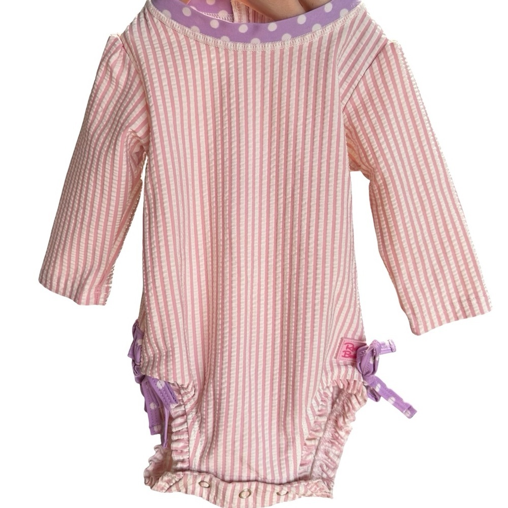 Ruffle Butts Pink Purple Seersucker Ruffle Rash Guard Long Sleeve 3-6 Months